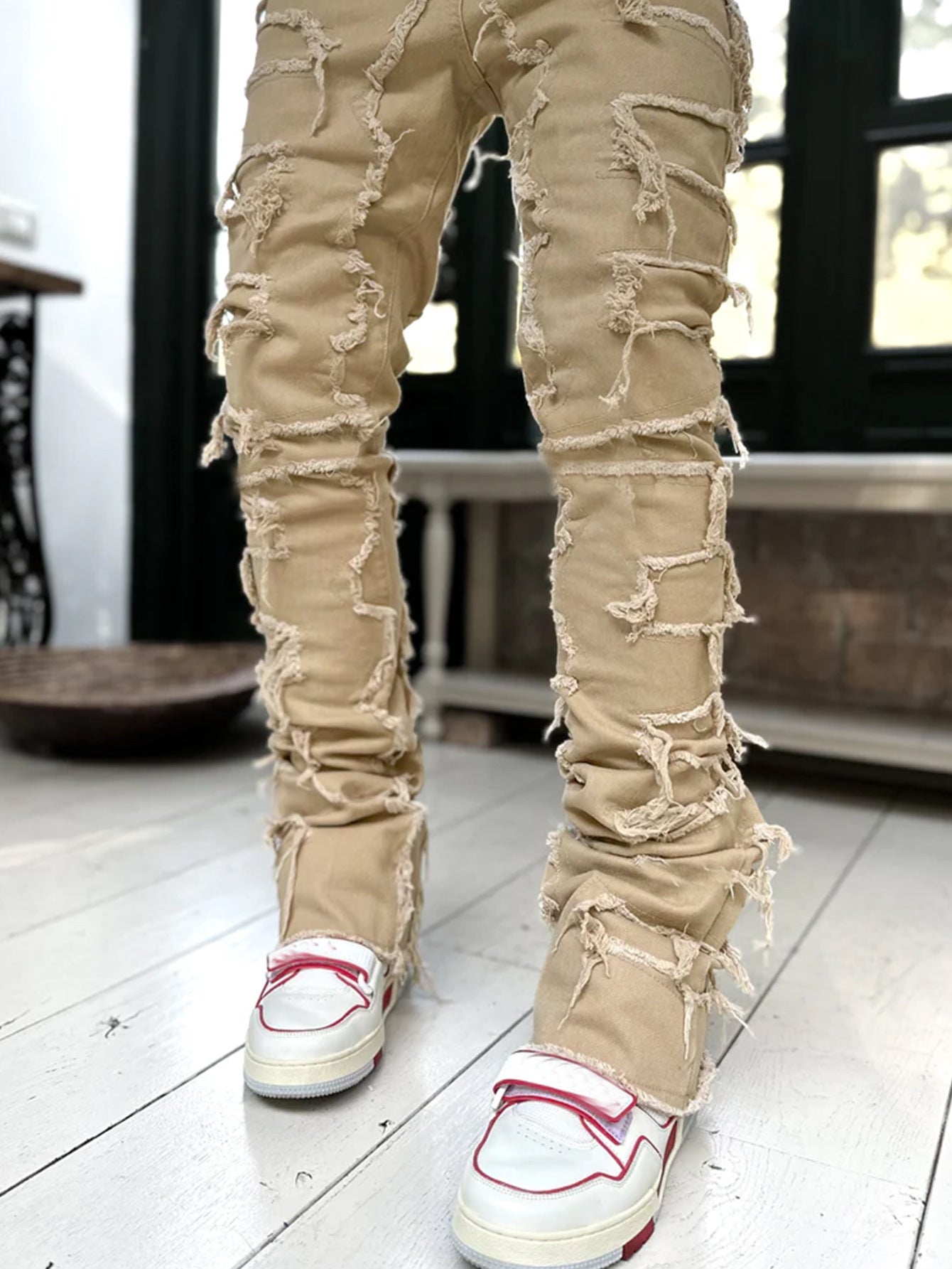 Ins Fringes Ripped Trousers Individual Patched Pants Long Tight Fit Stacked Jeans for Mens Clothing - Fix & GoIns Fringes Ripped Trousers Individual Patched Pants Long Tight Fit Stacked Jeans for Mens ClothingFix & Go