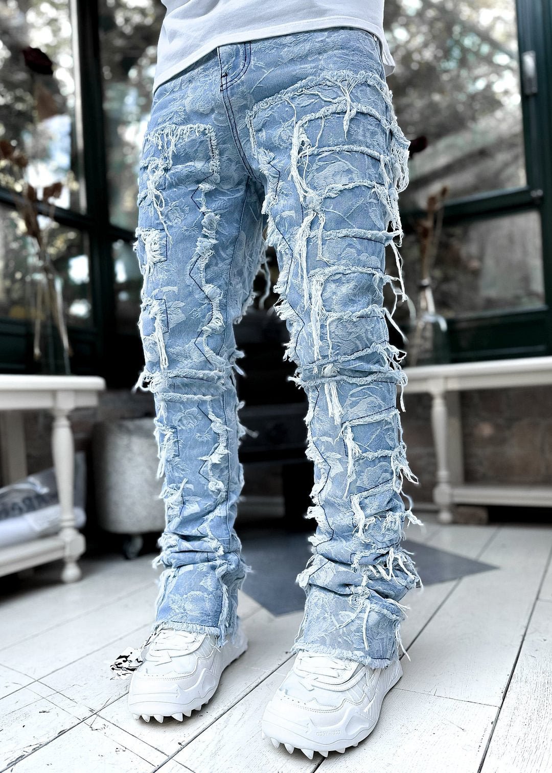 Ins Fringes Ripped Trousers Individual Patched Pants Long Tight Fit Stacked Jeans for Mens Clothing - Fix & GoIns Fringes Ripped Trousers Individual Patched Pants Long Tight Fit Stacked Jeans for Mens ClothingFix & Go