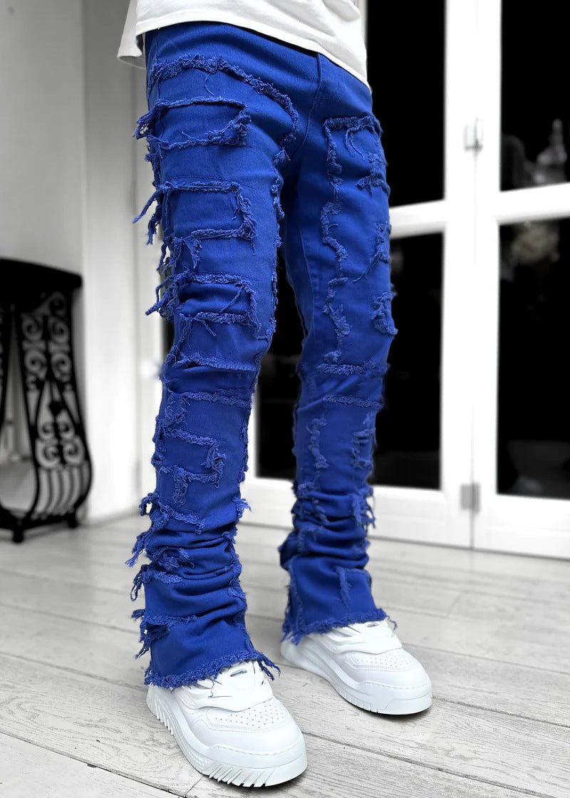 Ins Fringes Ripped Trousers Individual Patched Pants Long Tight Fit Stacked Jeans for Mens Clothing - Fix & GoIns Fringes Ripped Trousers Individual Patched Pants Long Tight Fit Stacked Jeans for Mens ClothingFix & Go