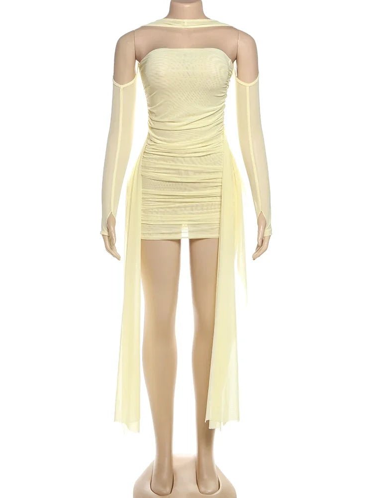 Kliou – Mini robe en maille Simple pour femmes, mode, couleur unie, sans bretelles, rubans, pompon, façonnant le corps, gants à manches longues - FATAONKliou – Mini robe en maille Simple pour femmes, mode, couleur unie, sans bretelles, rubans, pompon, façonnant le corps, gants à manches longuesMode FemmeFATAON