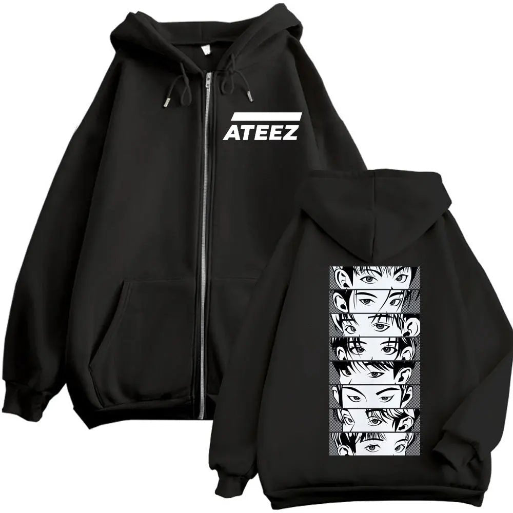 Kpop ATEEZ "FlX ON" Merch sweat à capuche avec fermeture éclair hommes femmes haute qualité mode veste zippée manteau automne hiver décontracté sweat-shirts amples - FATAONKpop ATEEZ "FlX ON" Merch sweat à capuche avec fermeture éclair hommes femmes haute qualité mode veste zippée manteau automne hiver décontracté sweat-shirts amplesMode HommeFATAON