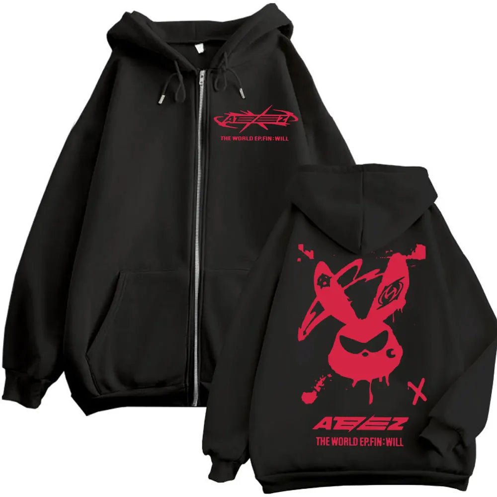 Kpop ATEEZ "FlX ON" Merch sweat à capuche avec fermeture éclair hommes femmes haute qualité mode veste zippée manteau automne hiver décontracté sweat-shirts amples - FATAONKpop ATEEZ "FlX ON" Merch sweat à capuche avec fermeture éclair hommes femmes haute qualité mode veste zippée manteau automne hiver décontracté sweat-shirts amplesMode HommeFATAON