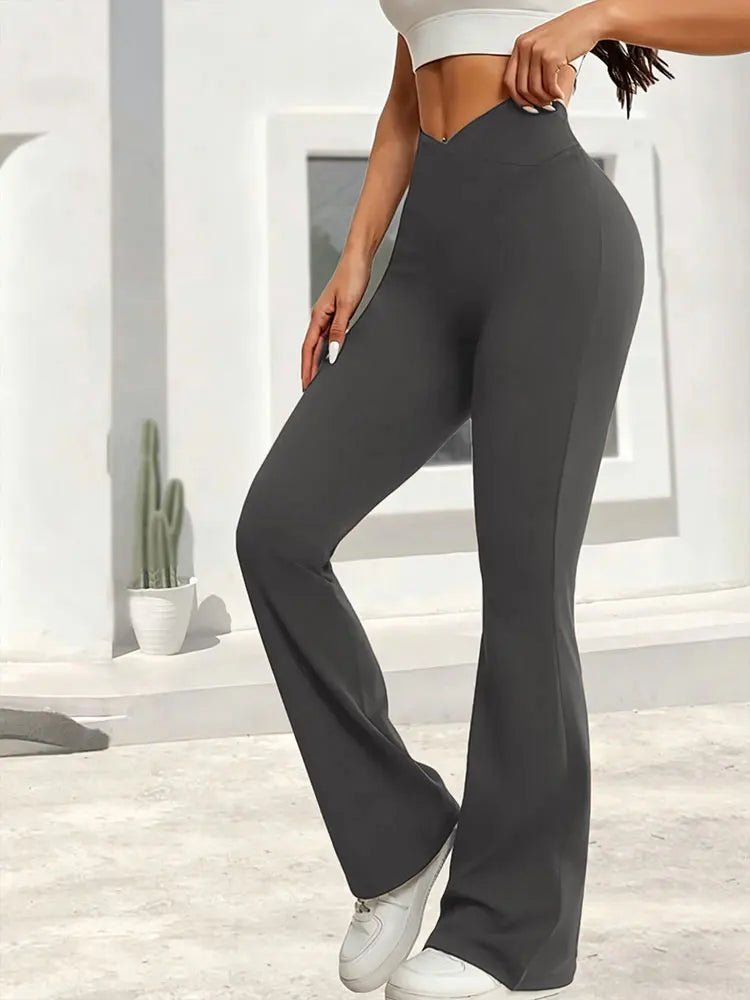 Leggings noirs de printemps taille haute, extensibles, coupe large, légèrement évasés, avec design de taille croisée, pour le sport décontracté, pantalon long - FATAONLeggings noirs de printemps taille haute, extensibles, coupe large, légèrement évasés, avec design de taille croisée, pour le sport décontracté, pantalon longFitness FemmeFATAON