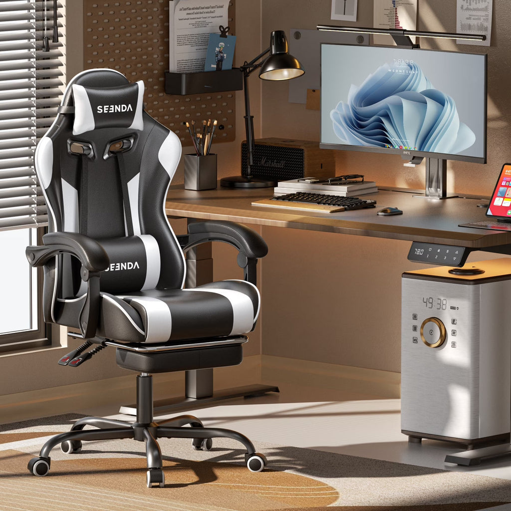 Massage Gaming Chair, Video Game Chair with Footrest and Lumbar Support, Ergonomic Computer Chair Height Adjustable with Swivel Seat and Headrest, White - Fix & GoMassage Gaming Chair, Video Game Chair with Footrest and Lumbar Support, Ergonomic Computer Chair Height Adjustable with Swivel Seat and Headrest, WhiteFix & Go