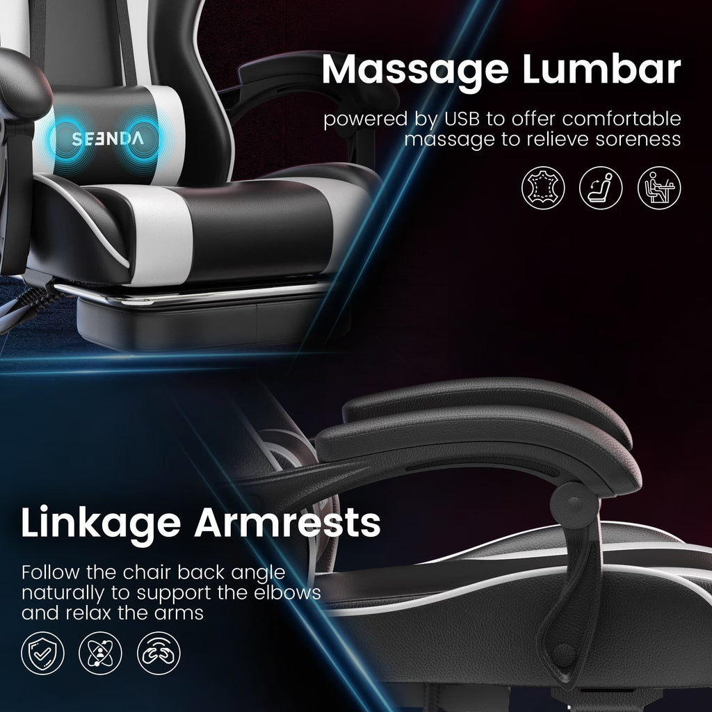 Massage Gaming Chair, Video Game Chair with Footrest and Lumbar Support, Ergonomic Computer Chair Height Adjustable with Swivel Seat and Headrest, White - Fix & GoMassage Gaming Chair, Video Game Chair with Footrest and Lumbar Support, Ergonomic Computer Chair Height Adjustable with Swivel Seat and Headrest, WhiteFix & Go