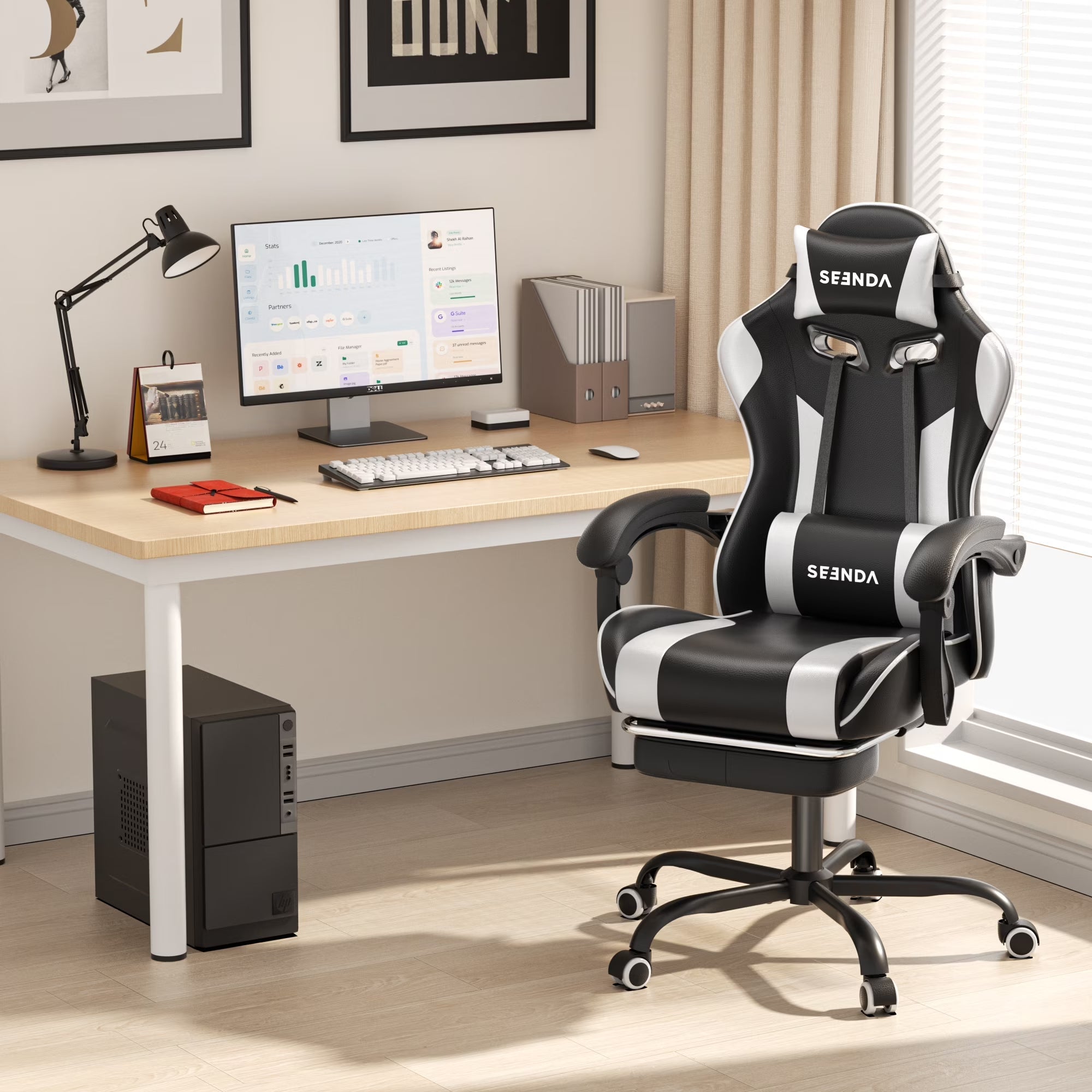 Massage Gaming Chair, Video Game Chair with Footrest and Lumbar Support, Ergonomic Computer Chair Height Adjustable with Swivel Seat and Headrest, White - Fix & GoMassage Gaming Chair, Video Game Chair with Footrest and Lumbar Support, Ergonomic Computer Chair Height Adjustable with Swivel Seat and Headrest, WhiteFix & Go