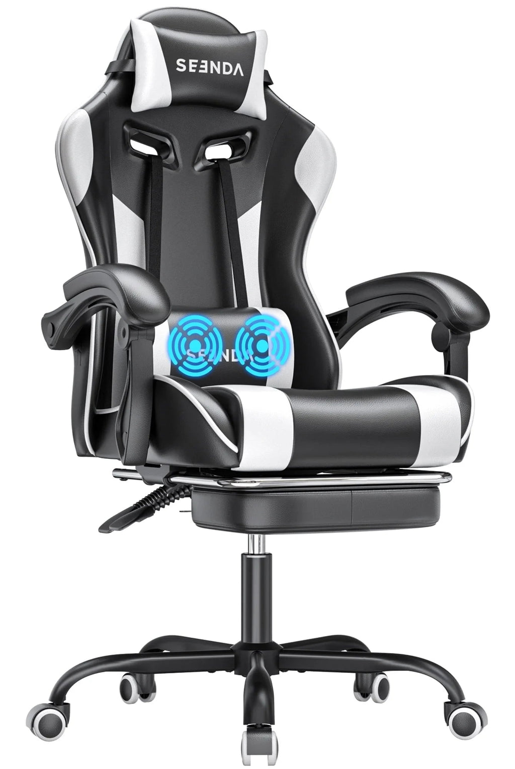 Massage Gaming Chair, Video Game Chair with Footrest and Lumbar Support, Ergonomic Computer Chair Height Adjustable with Swivel Seat and Headrest, White - Fix & GoMassage Gaming Chair, Video Game Chair with Footrest and Lumbar Support, Ergonomic Computer Chair Height Adjustable with Swivel Seat and Headrest, WhiteFix & Go