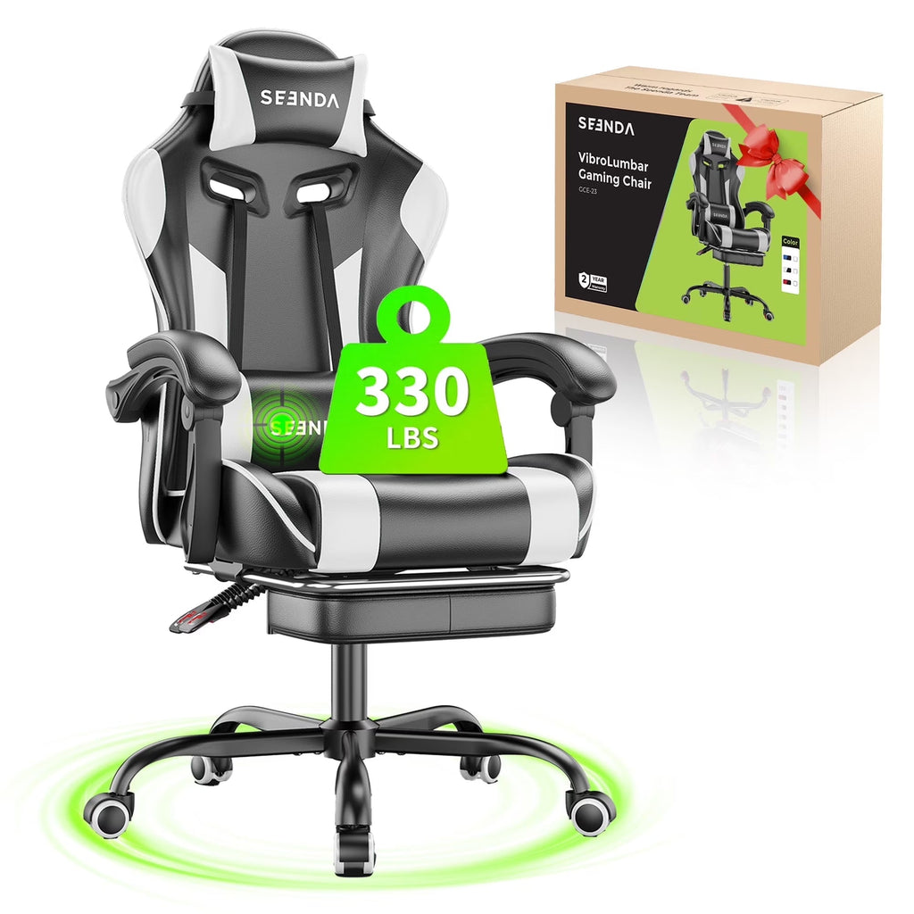 Massage Gaming Chair, Video Game Chair with Footrest and Lumbar Support, Ergonomic Computer Chair Height Adjustable with Swivel Seat and Headrest, White - Fix & GoMassage Gaming Chair, Video Game Chair with Footrest and Lumbar Support, Ergonomic Computer Chair Height Adjustable with Swivel Seat and Headrest, WhiteFix & Go