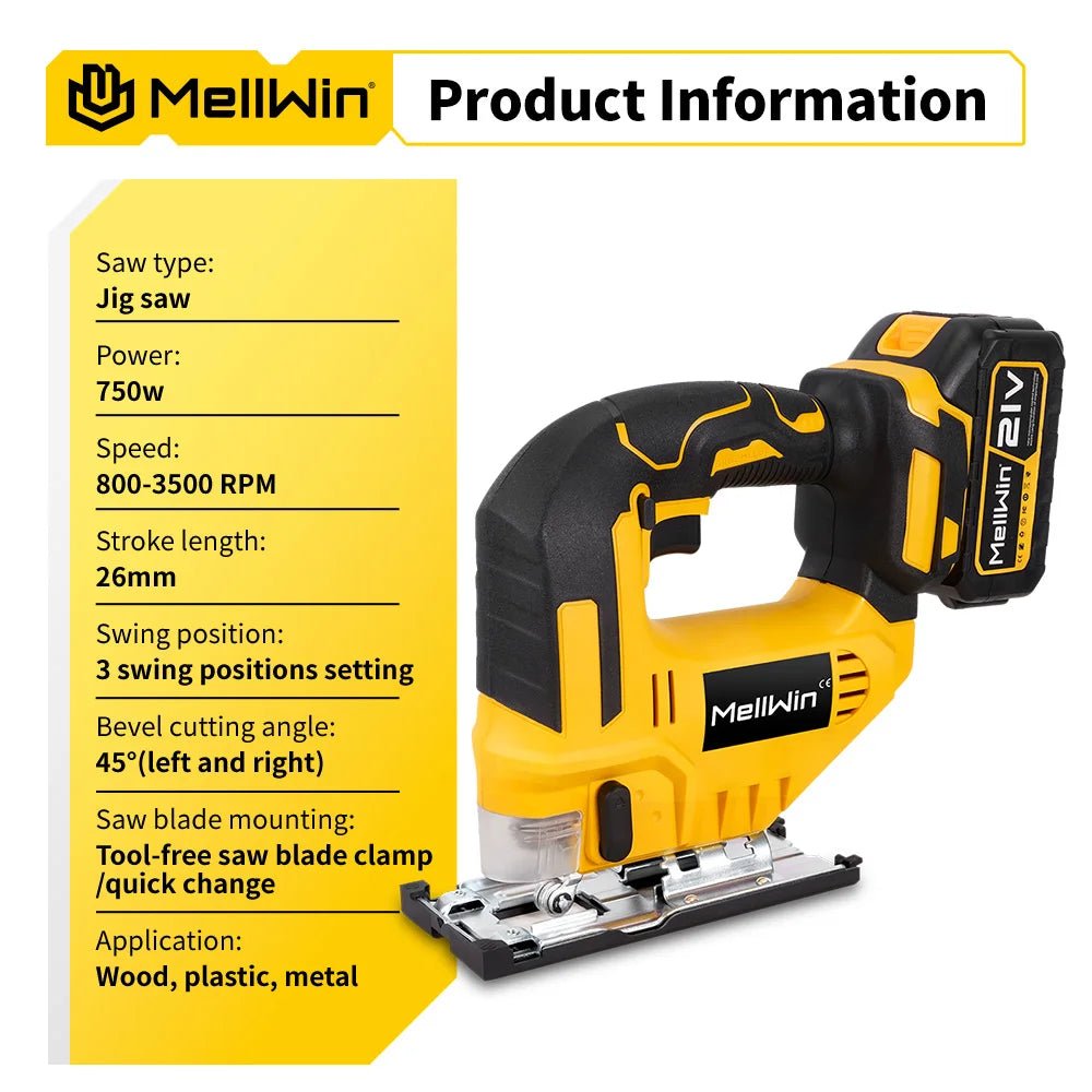MELLWIN 3500 tr/min scie sauteuse électrique sans fil 31 lames scie courbe sans fil outil de travail du bois multifonction pour Makita broche de batterie 18V - FATAONMELLWIN 3500 tr/min scie sauteuse électrique sans fil 31 lames scie courbe sans fil outil de travail du bois multifonction pour Makita broche de batterie 18VOutils & PerformanceFATAON
