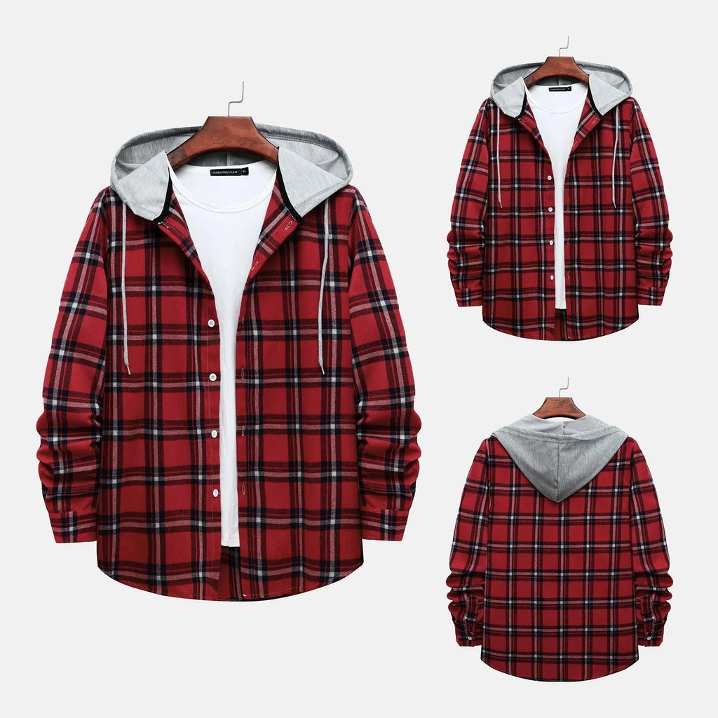 Men'S Casual Plaid Flannel Jacket with Hoodie Lightweight Fall Winter Long Sleeve Button down Plaid Flannel Hooded Shirt Red L - Fix & GoMen'S Casual Plaid Flannel Jacket with Hoodie Lightweight Fall Winter Long Sleeve Button down Plaid Flannel Hooded Shirt Red LFix & Go