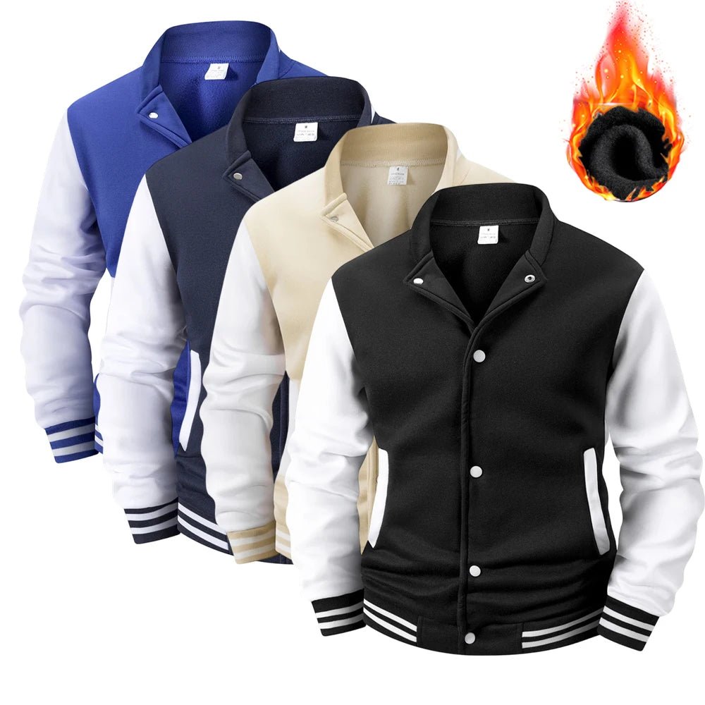 Men's Fleece - Lined Varsity Jacket Autumn Winter Warm Color Block Baseball Jacket Button Front & Striped Cuffs Retro Casual Coat - Fix & GoMen's Fleece - Lined Varsity Jacket Autumn Winter Warm Color Block Baseball Jacket Button Front & Striped Cuffs Retro Casual CoatFix & Go