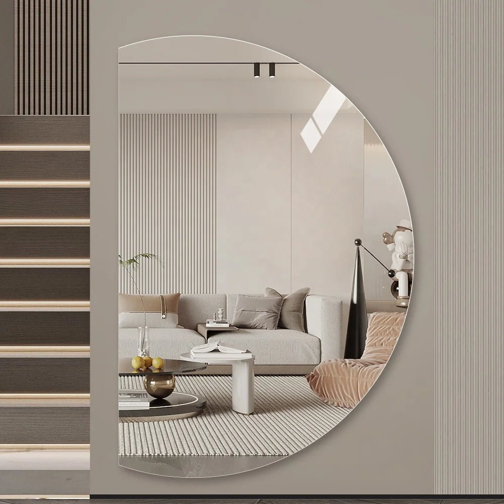 Miroir mural semi-cercle minimaliste moderne sans cadre, miroir monté sur verre pleine longueur de 5.0mm d'épaisseur - FATAONMiroir mural semi-cercle minimaliste moderne sans cadre, miroir monté sur verre pleine longueur de 5.0mm d'épaisseurSolutions MaisonFATAON