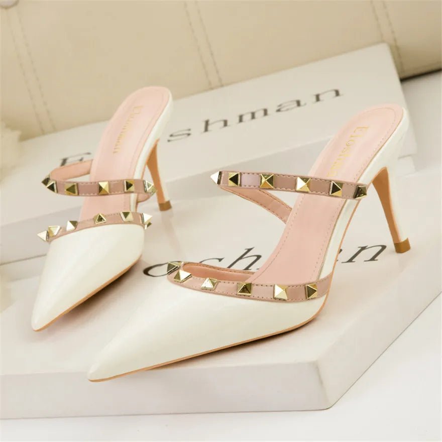 Mode Rivet sans lacet femmes pantoufles nouvel été bout pointu talons hauts chaussures fête en cuir verni creux Sexy femme sandale robe - FATAONMode Rivet sans lacet femmes pantoufles nouvel été bout pointu talons hauts chaussures fête en cuir verni creux Sexy femme sandale robeMode FemmeFATAON