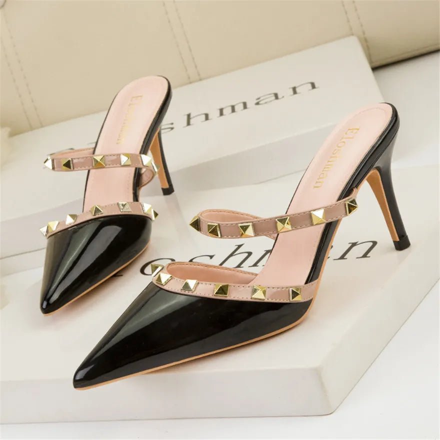 Mode Rivet sans lacet femmes pantoufles nouvel été bout pointu talons hauts chaussures fête en cuir verni creux Sexy femme sandale robe - FATAONMode Rivet sans lacet femmes pantoufles nouvel été bout pointu talons hauts chaussures fête en cuir verni creux Sexy femme sandale robeMode FemmeFATAON