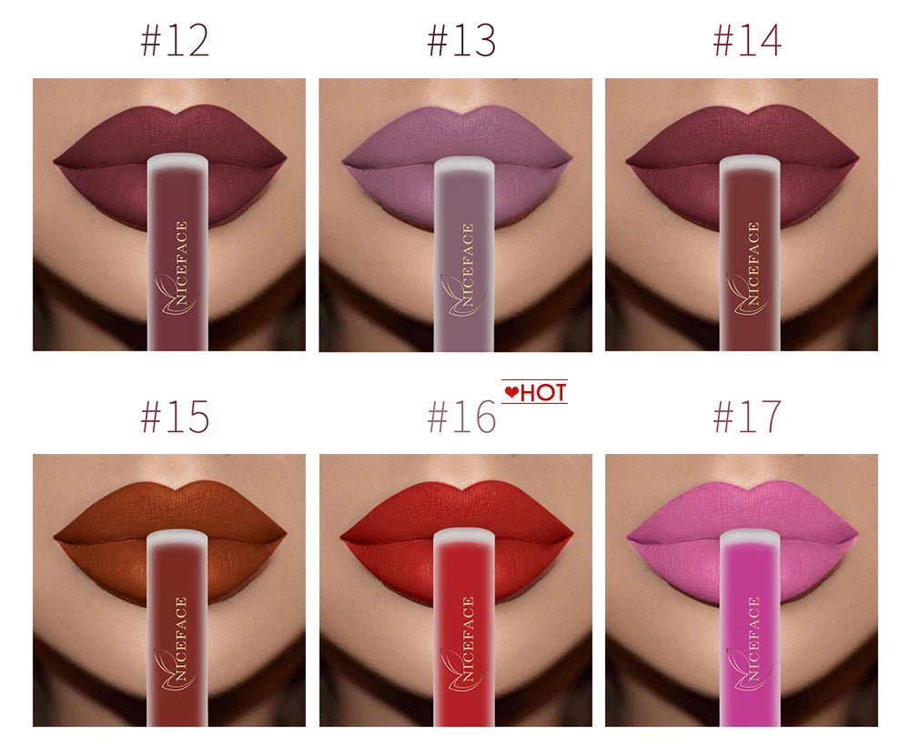 NICEFACE Nude Liquid Lipsticks Waterproof Velvet Matte Lip Gloss Long Lasting Non-stick Cup Lip Tint Makeup Pigment Cosmetics - FATAONNICEFACE Nude Liquid Lipsticks Waterproof Velvet Matte Lip Gloss Long Lasting Non-stick Cup Lip Tint Makeup Pigment CosmeticsBeauté femmeFATAON