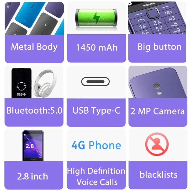 Nokia 235 4G caractéristique téléphone Bluetooth 5.0 FM Radio double SIM 1450mAh Bettery type-c Port téléphone portable nouveau et Original - FATAONNokia 235 4G caractéristique téléphone Bluetooth 5.0 FM Radio double SIM 1450mAh Bettery type-c Port téléphone portable nouveau et OriginalProductivité & OrganisationFATAON