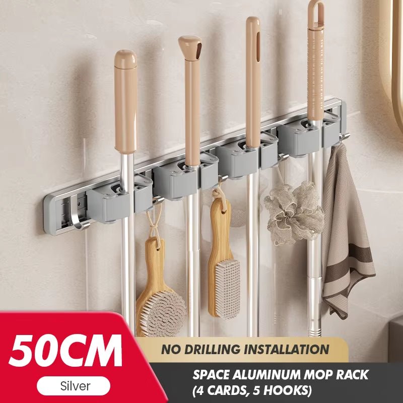 Non Perforated Mop Rack Iron Wall Mounted Mop Broom Storage Rack Home Storage and Storage Shelf Multi Scenario Use - Fix & GoNon Perforated Mop Rack Iron Wall Mounted Mop Broom Storage Rack Home Storage and Storage Shelf Multi Scenario UseFix & Go