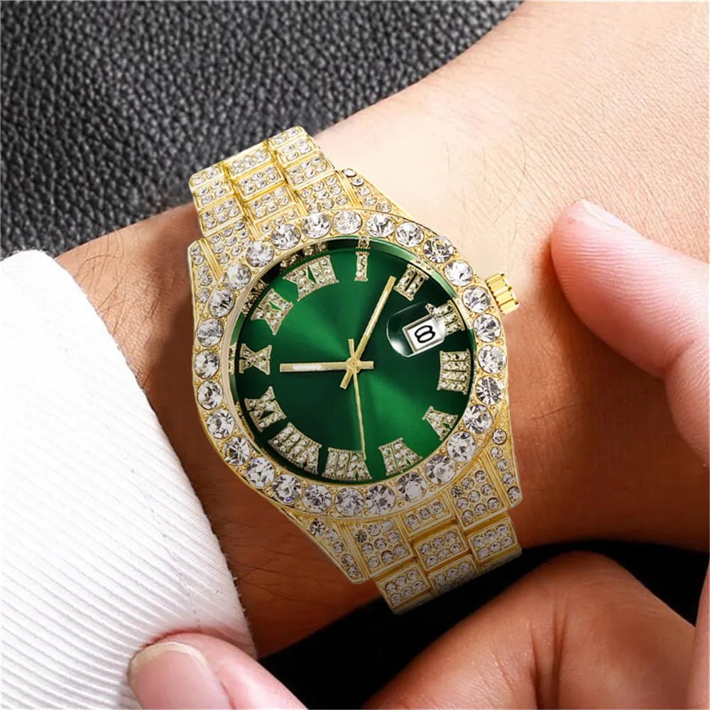 Nouveau Hip Hop glacé hommes montre plein strass autour de luxe montres à Quartz horloge ronde unisexe cadran rouge montre-bracelet cadeau - FATAONNouveau Hip Hop glacé hommes montre plein strass autour de luxe montres à Quartz horloge ronde unisexe cadran rouge montre-bracelet cadeauMode HommeFATAON