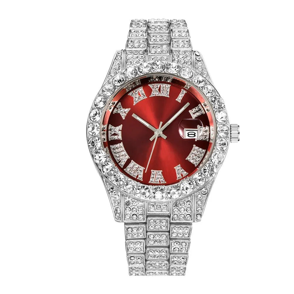 Nouveau Hip Hop glacé hommes montre plein strass autour de luxe montres à Quartz horloge ronde unisexe cadran rouge montre-bracelet cadeau - FATAONNouveau Hip Hop glacé hommes montre plein strass autour de luxe montres à Quartz horloge ronde unisexe cadran rouge montre-bracelet cadeauMode HommeFATAON