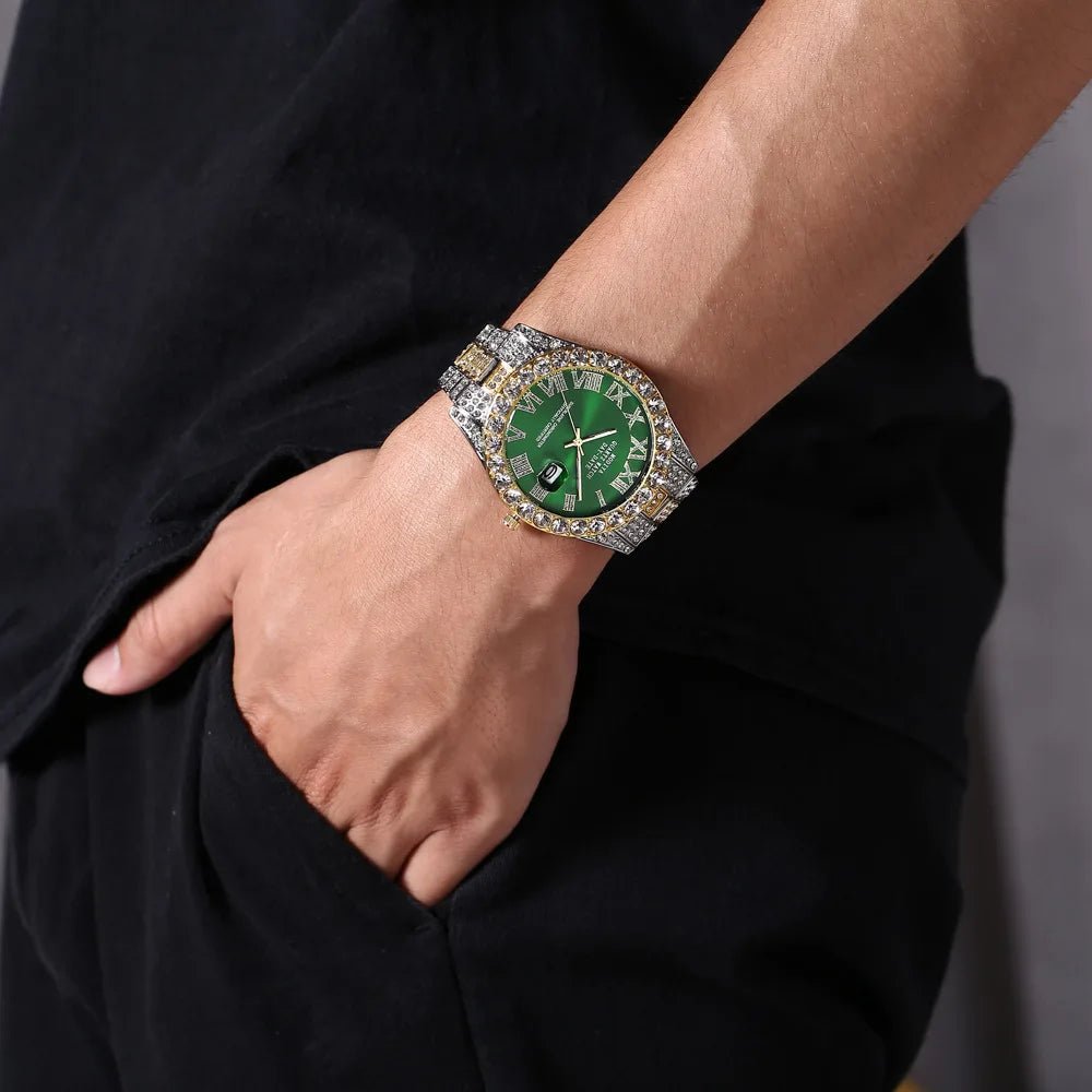 Nouveau Hip Hop glacé hommes montre plein strass autour de luxe montres à Quartz horloge ronde unisexe cadran rouge montre-bracelet cadeau - FATAONNouveau Hip Hop glacé hommes montre plein strass autour de luxe montres à Quartz horloge ronde unisexe cadran rouge montre-bracelet cadeauMode HommeFATAON