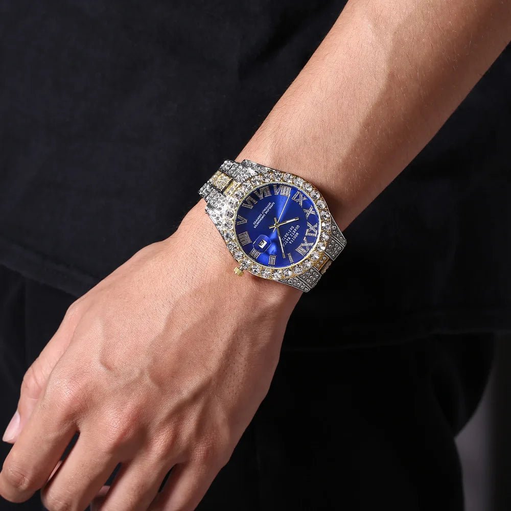 Nouveau Hip Hop glacé hommes montre plein strass autour de luxe montres à Quartz horloge ronde unisexe cadran rouge montre-bracelet cadeau - FATAONNouveau Hip Hop glacé hommes montre plein strass autour de luxe montres à Quartz horloge ronde unisexe cadran rouge montre-bracelet cadeauMode HommeFATAON