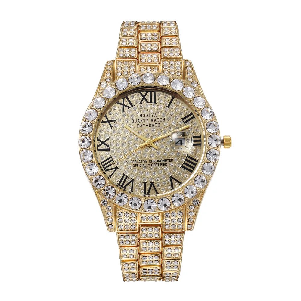 Nouveau Hip Hop glacé hommes montre plein strass autour de luxe montres à Quartz horloge ronde unisexe cadran rouge montre-bracelet cadeau - FATAONNouveau Hip Hop glacé hommes montre plein strass autour de luxe montres à Quartz horloge ronde unisexe cadran rouge montre-bracelet cadeauMode HommeFATAON