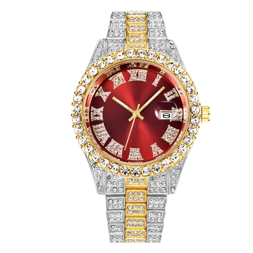 Nouveau Hip Hop glacé hommes montre plein strass autour de luxe montres à Quartz horloge ronde unisexe cadran rouge montre-bracelet cadeau - FATAONNouveau Hip Hop glacé hommes montre plein strass autour de luxe montres à Quartz horloge ronde unisexe cadran rouge montre-bracelet cadeauMode HommeFATAON