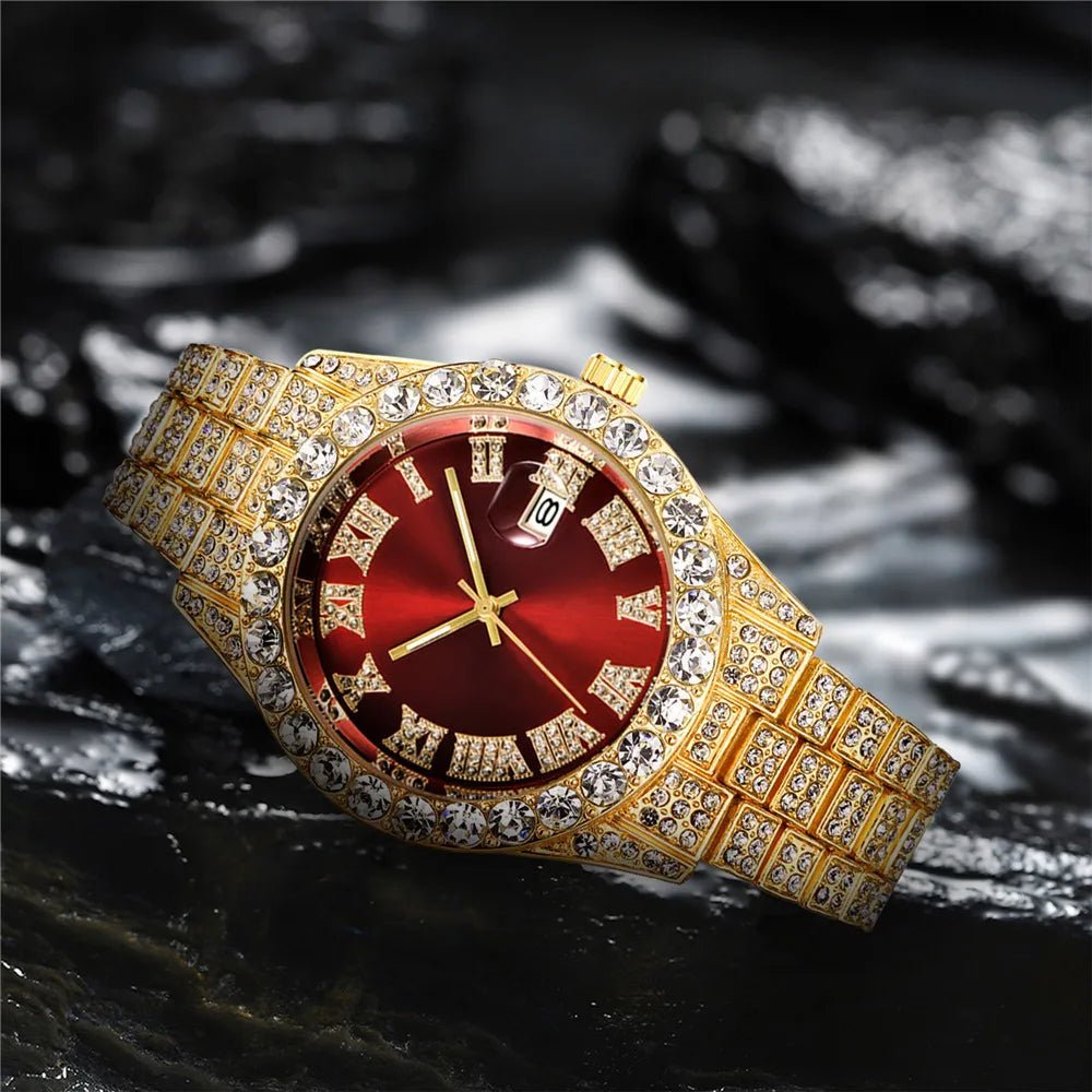 Nouveau Hip Hop glacé hommes montre plein strass autour de luxe montres à Quartz horloge ronde unisexe cadran rouge montre-bracelet cadeau - FATAONNouveau Hip Hop glacé hommes montre plein strass autour de luxe montres à Quartz horloge ronde unisexe cadran rouge montre-bracelet cadeauMode HommeFATAON