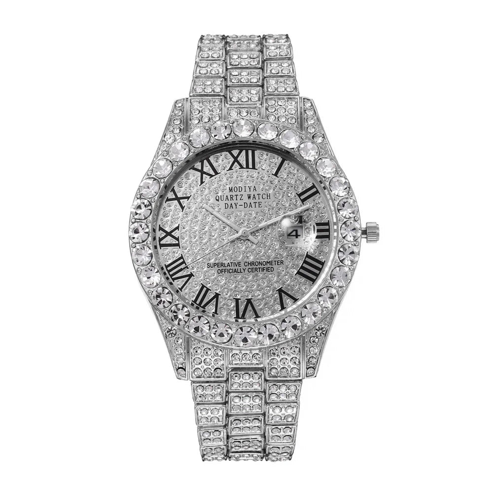 Nouveau Hip Hop glacé hommes montre plein strass autour de luxe montres à Quartz horloge ronde unisexe cadran rouge montre-bracelet cadeau - FATAONNouveau Hip Hop glacé hommes montre plein strass autour de luxe montres à Quartz horloge ronde unisexe cadran rouge montre-bracelet cadeauMode HommeFATAON