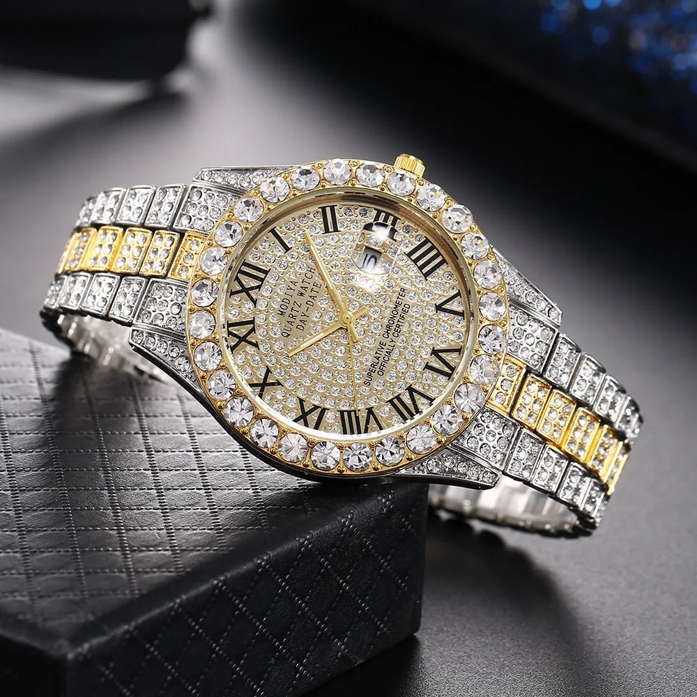 Nouveau Hip Hop glacé hommes montre plein strass autour de luxe montres à Quartz horloge ronde unisexe cadran rouge montre-bracelet cadeau - FATAONNouveau Hip Hop glacé hommes montre plein strass autour de luxe montres à Quartz horloge ronde unisexe cadran rouge montre-bracelet cadeauMode HommeFATAON