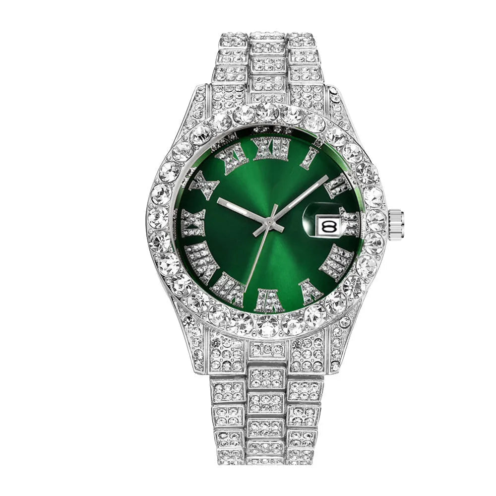 Nouveau Hip Hop glacé hommes montre plein strass autour de luxe montres à Quartz horloge ronde unisexe cadran rouge montre-bracelet cadeau - FATAONNouveau Hip Hop glacé hommes montre plein strass autour de luxe montres à Quartz horloge ronde unisexe cadran rouge montre-bracelet cadeauMode HommeFATAON