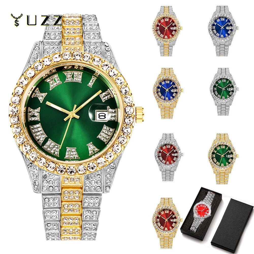 Nouveau Hip Hop glacé hommes montre plein strass autour de luxe montres à Quartz horloge ronde unisexe cadran rouge montre-bracelet cadeau - FATAONNouveau Hip Hop glacé hommes montre plein strass autour de luxe montres à Quartz horloge ronde unisexe cadran rouge montre-bracelet cadeauMode HommeFATAON