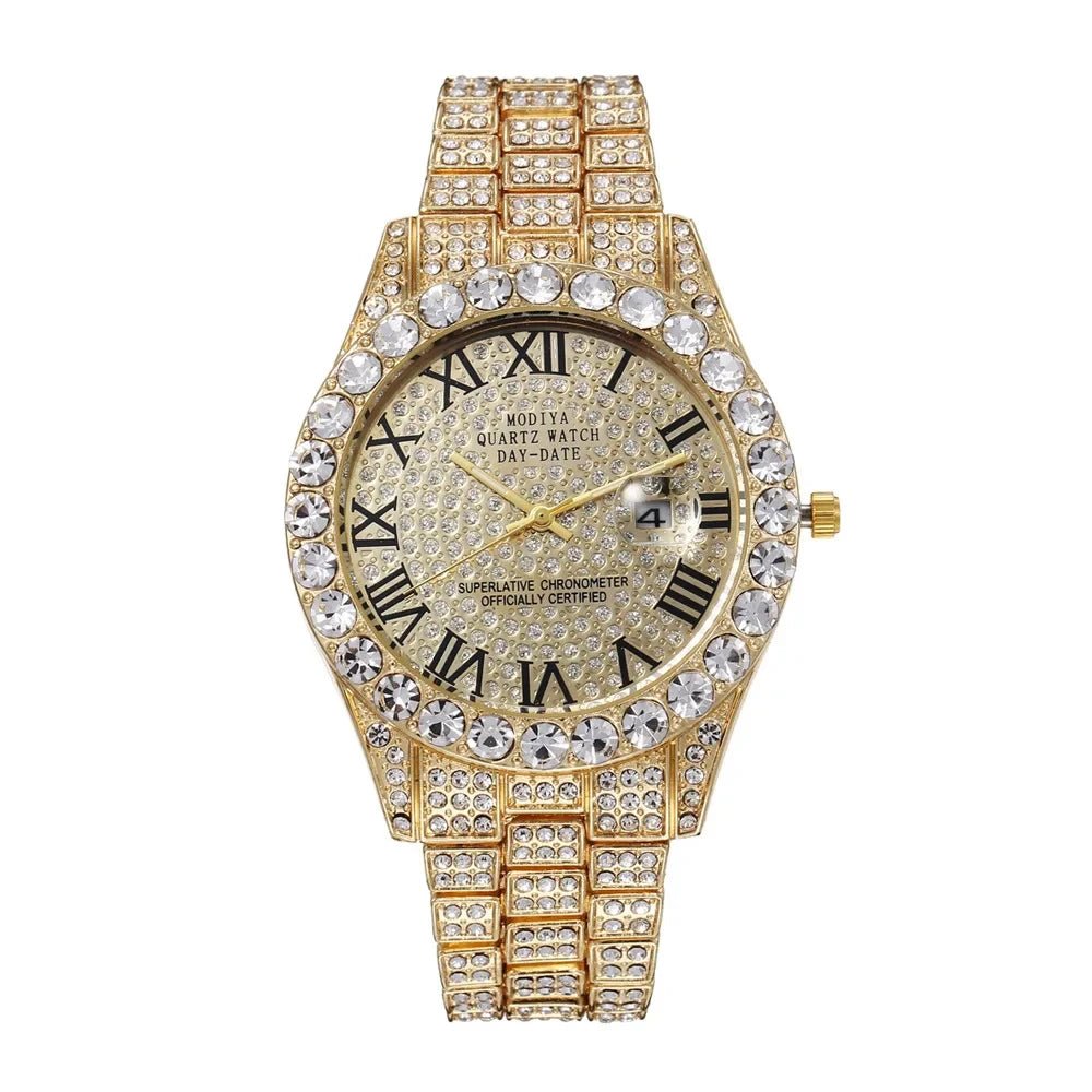 Nouveau Hip Hop glacé hommes montre plein strass autour de luxe montres à Quartz horloge ronde unisexe cadran rouge montre-bracelet cadeau - FATAONNouveau Hip Hop glacé hommes montre plein strass autour de luxe montres à Quartz horloge ronde unisexe cadran rouge montre-bracelet cadeauMode HommeFATAON