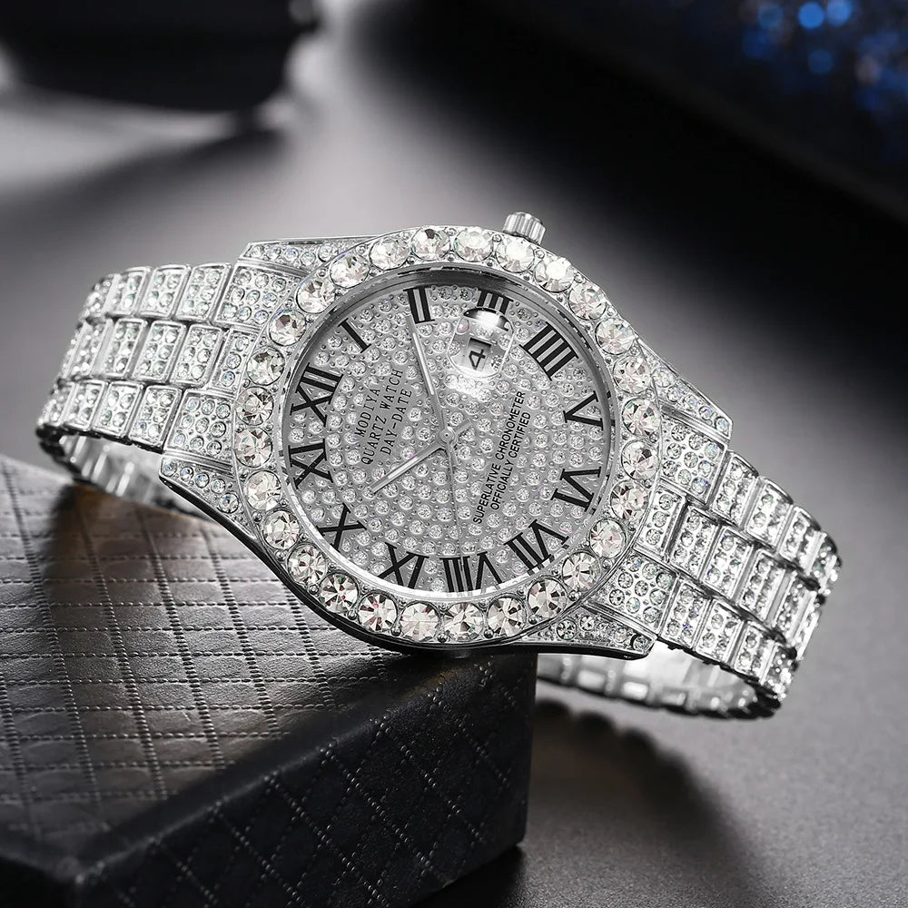 Nouveau Hip Hop glacé hommes montre plein strass autour de luxe montres à Quartz horloge ronde unisexe cadran rouge montre-bracelet cadeau - FATAONNouveau Hip Hop glacé hommes montre plein strass autour de luxe montres à Quartz horloge ronde unisexe cadran rouge montre-bracelet cadeauMode HommeFATAON