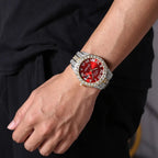 Nouveau Hip Hop glacé hommes montre plein strass autour de luxe montres à Quartz horloge ronde unisexe cadran rouge montre-bracelet cadeau - FATAONNouveau Hip Hop glacé hommes montre plein strass autour de luxe montres à Quartz horloge ronde unisexe cadran rouge montre-bracelet cadeauMode HommeFATAON