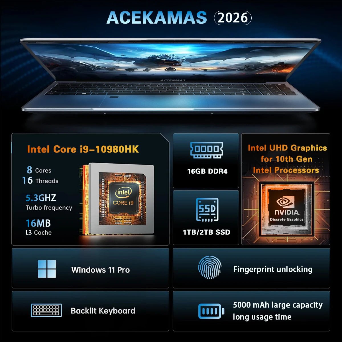 Ordinateur portable de jeu ACEKAMAS 15,6 pouces 2026, Intel Core i9 10980HK, écran IPS 4K, 16 Go DDR4, SSD M.2 1 To, Windows 11 Pro - FATAONOrdinateur portable de jeu ACEKAMAS 15,6 pouces 2026, Intel Core i9 10980HK, écran IPS 4K, 16 Go DDR4, SSD M.2 1 To, Windows 11 ProProductivité & OrganisationFATAON