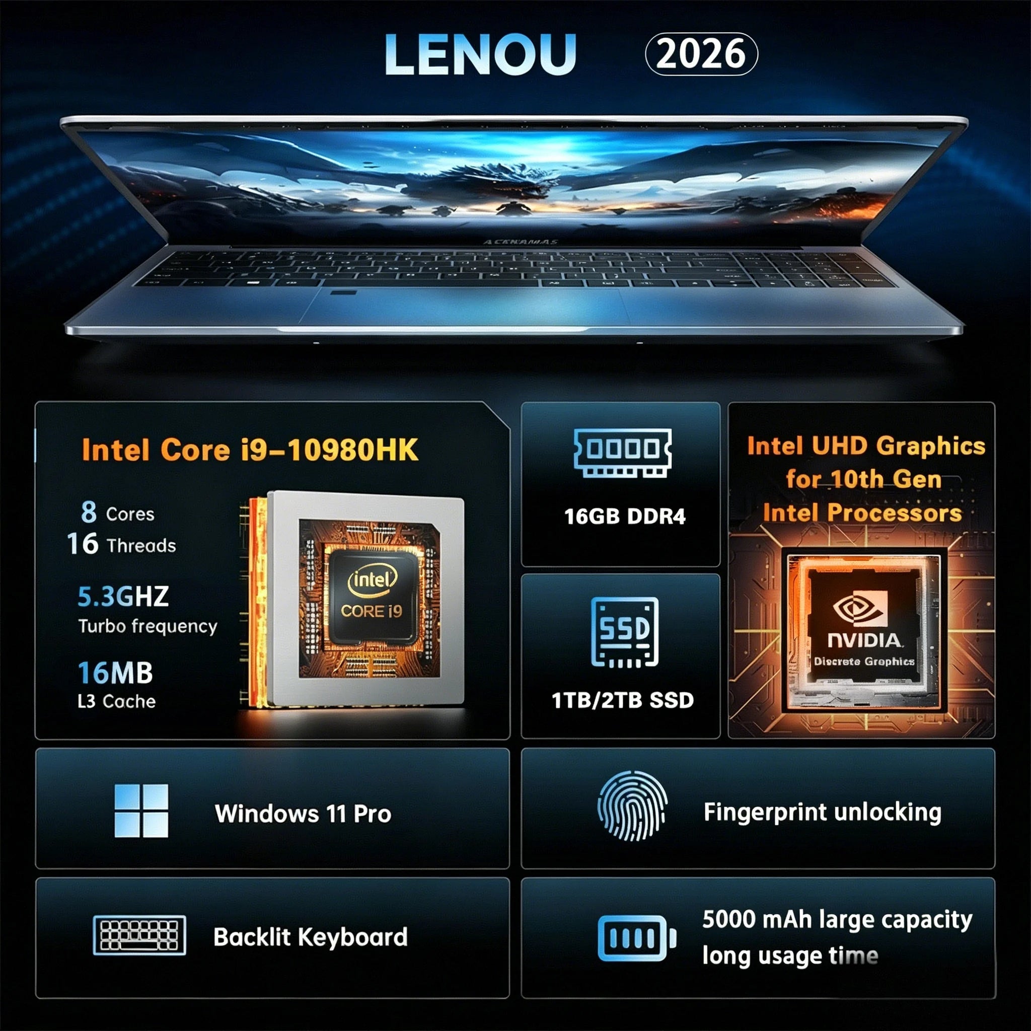 Ordinateur portable de jeu LENOU Ultra Slim 15,6 pouces, Intel Core i9-10980H, 32 Go de RAM, SSD 2 To, 1920x1080, Windows 11, Office, usage domestique et études, nouveau modèle - FATAONOrdinateur portable de jeu LENOU Ultra Slim 15,6 pouces, Intel Core i9-10980H, 32 Go de RAM, SSD 2 To, 1920x1080, Windows 11, Office, usage domestique et études, nouveau modèleProductivité & OrganisationFATAON