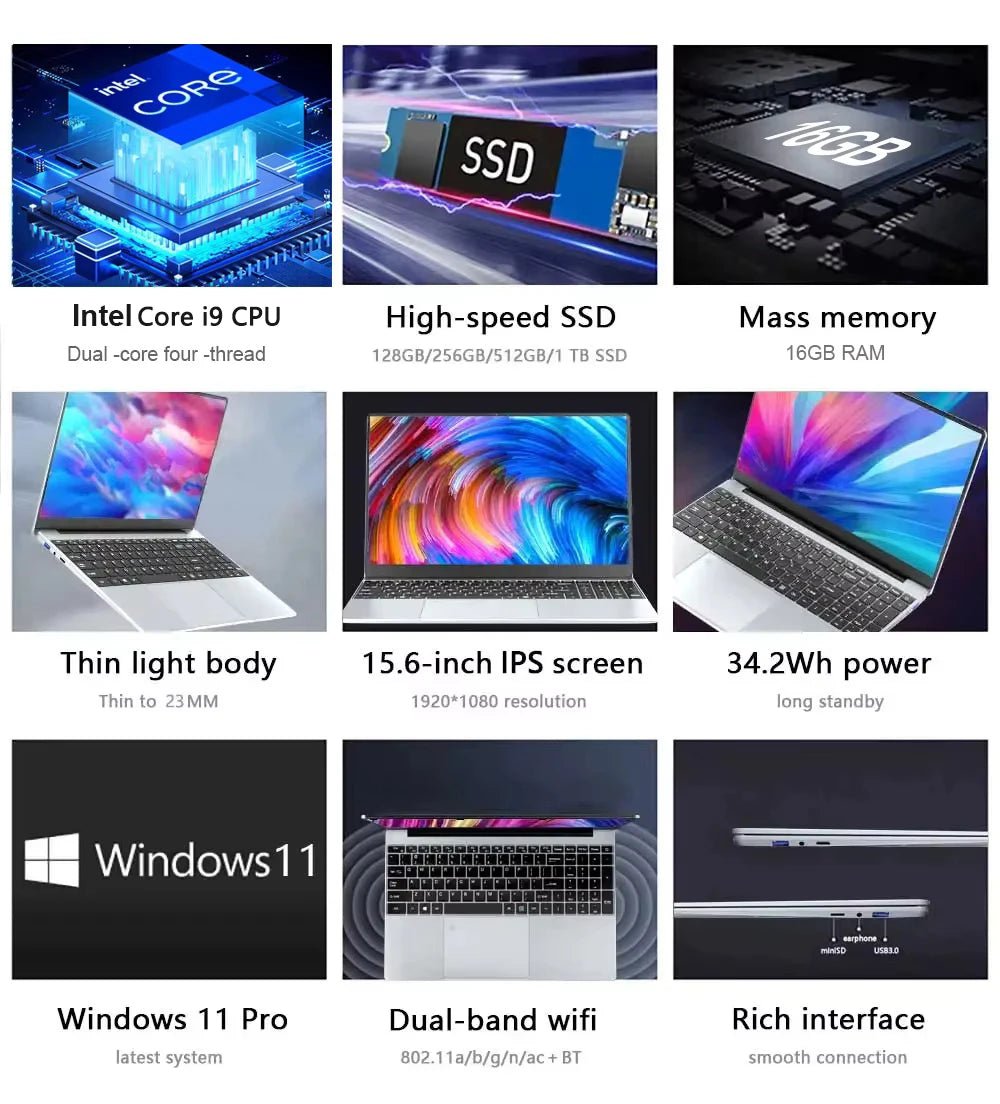Ordinateur portable ultra-fin Windows 11 15,6 pouces, Intel Core i9-9900U, 16 Go de RAM, SSD 1 To/2 To, lecteur d'empreintes digitales, pour le bureau et les jeux - FATAONOrdinateur portable ultra-fin Windows 11 15,6 pouces, Intel Core i9-9900U, 16 Go de RAM, SSD 1 To/2 To, lecteur d'empreintes digitales, pour le bureau et les jeuxProductivité & OrganisationFATAON