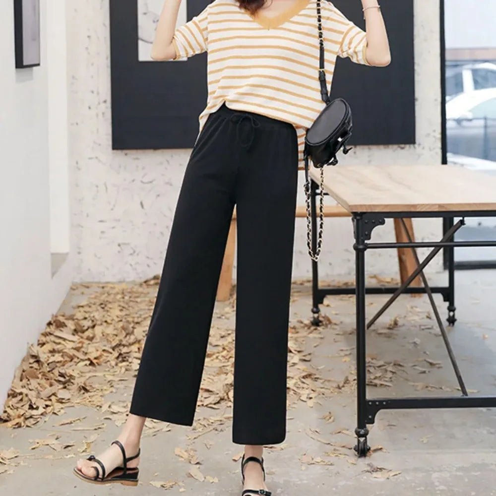 Pantalon large décontracté pour femme, longueur cheville, taille élastique, en soie glacée, couleur unie, printemps-été - FATAONPantalon large décontracté pour femme, longueur cheville, taille élastique, en soie glacée, couleur unie, printemps-étéMode FemmeFATAON