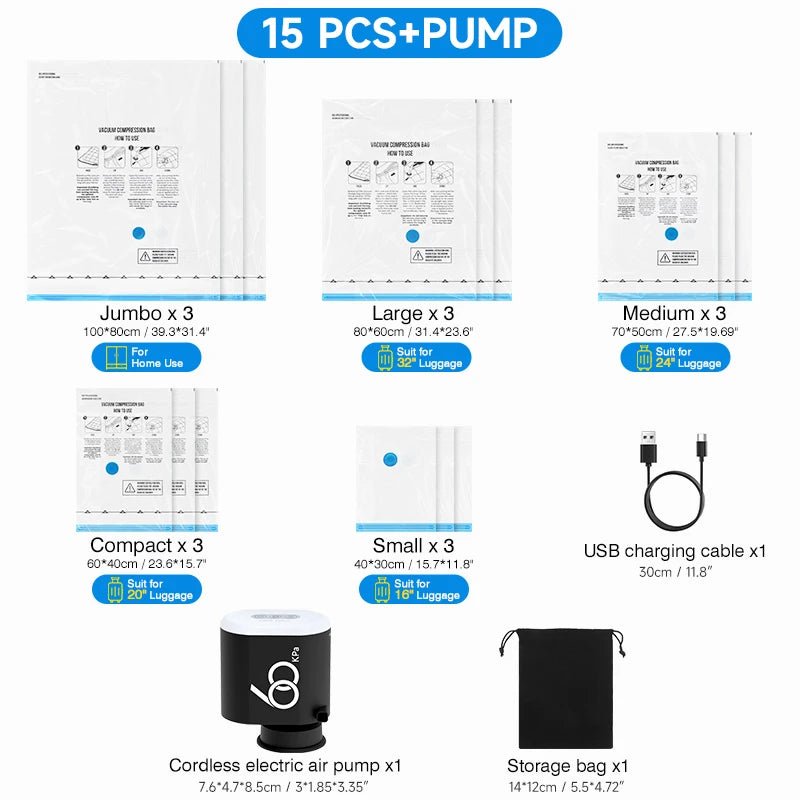 Pompe électrique sans fil 60 Kpa, pour sacs de rangement sous vide, voyage, pompe à Air Rechargeable 3600mAh, divers sacs économiseurs d'espace pour vêtements - FATAONPompe électrique sans fil 60 Kpa, pour sacs de rangement sous vide, voyage, pompe à Air Rechargeable 3600mAh, divers sacs économiseurs d'espace pour vêtementsTechnologie IntelligenteFATAON