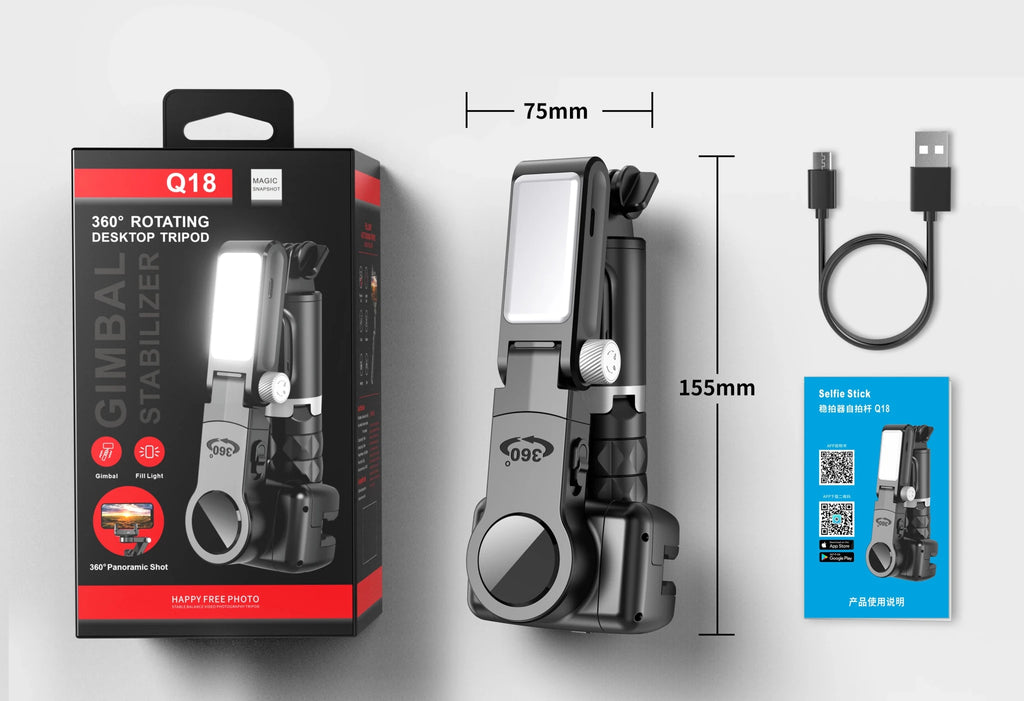 Q18 Desktop Following the shooting Mode Gimbal Stabilizer Selfie Stick Tripod with Fill Light for iPhone Cell Phone Smartphone - Fix & GoQ18 Desktop Following the shooting Mode Gimbal Stabilizer Selfie Stick Tripod with Fill Light for iPhone Cell Phone SmartphoneVidéo & PhotoFix & Go