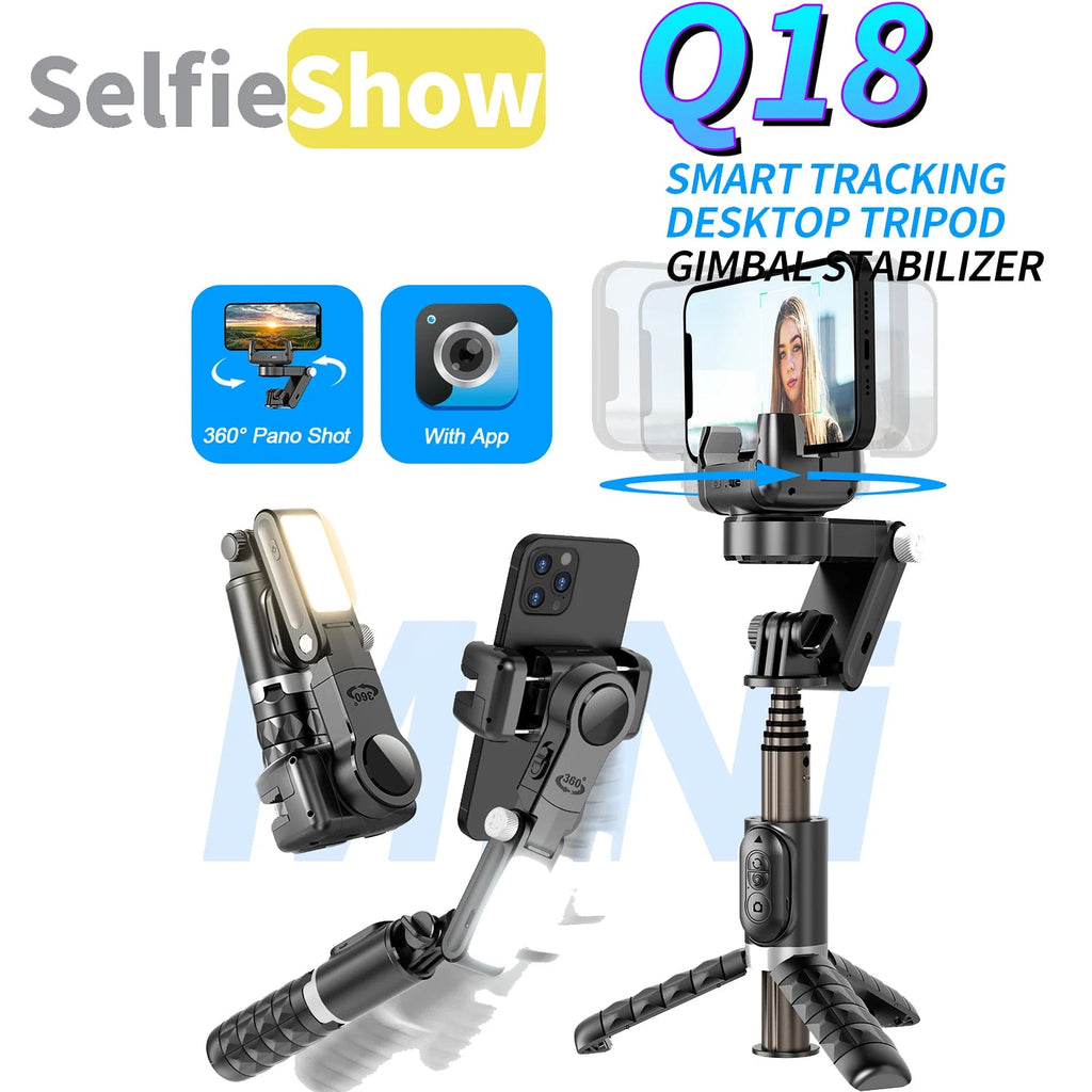 Q18 Desktop Following the shooting Mode Gimbal Stabilizer Selfie Stick Tripod with Fill Light for iPhone Cell Phone Smartphone - Fix & GoQ18 Desktop Following the shooting Mode Gimbal Stabilizer Selfie Stick Tripod with Fill Light for iPhone Cell Phone SmartphoneVidéo & PhotoFix & Go