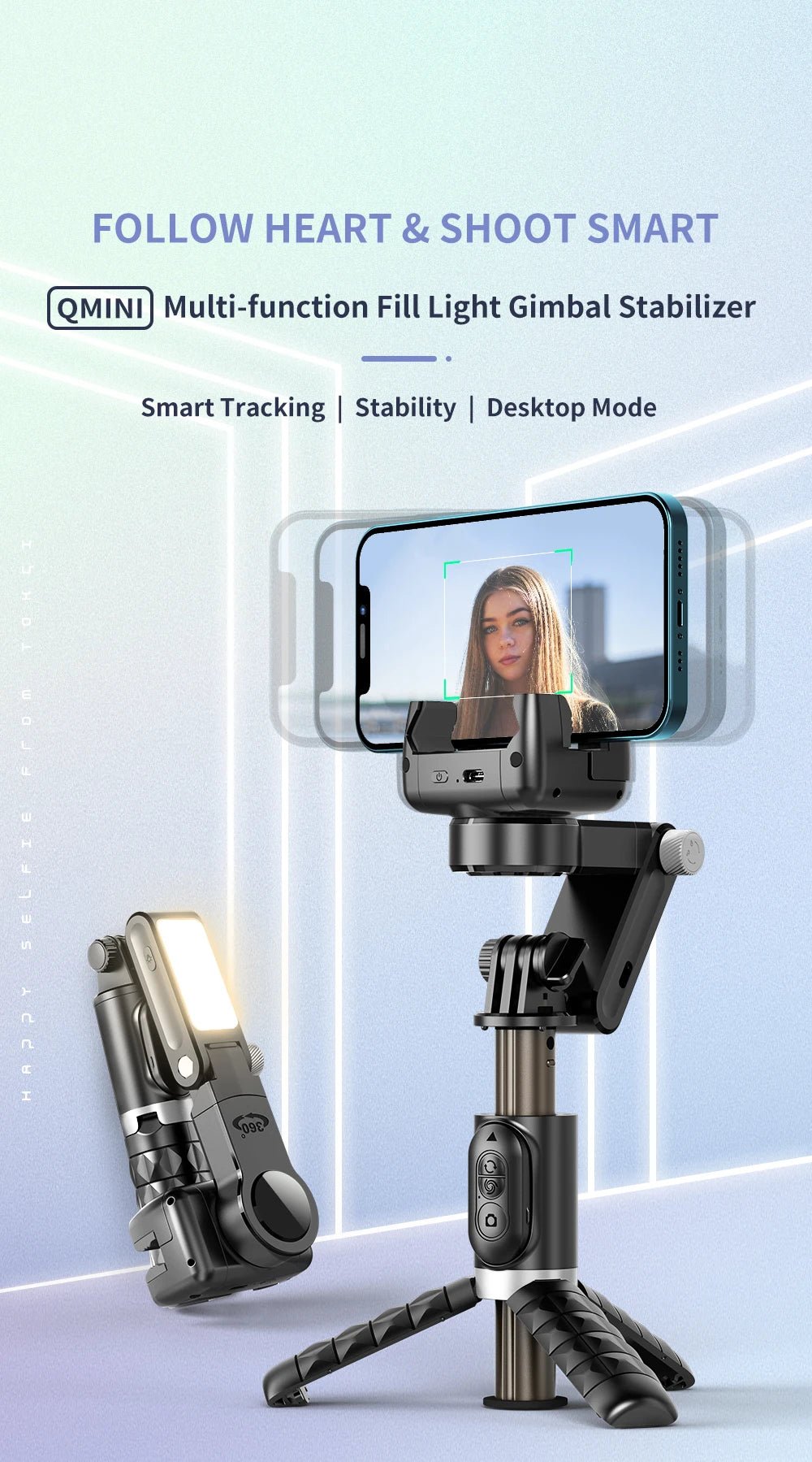 Q18 Desktop Following the shooting Mode Gimbal Stabilizer Selfie Stick Tripod with Fill Light for iPhone Cell Phone Smartphone - Fix & GoQ18 Desktop Following the shooting Mode Gimbal Stabilizer Selfie Stick Tripod with Fill Light for iPhone Cell Phone SmartphoneVidéo & PhotoFix & Go