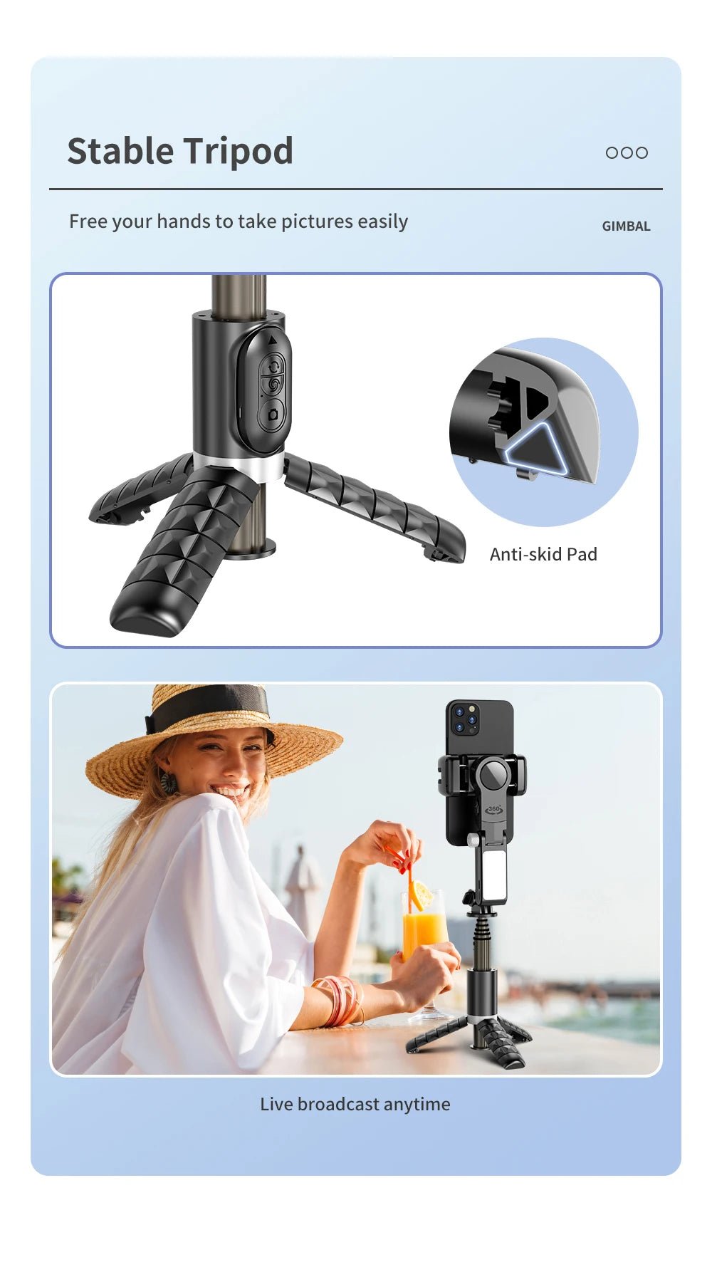 Q18 Desktop Following the shooting Mode Gimbal Stabilizer Selfie Stick Tripod with Fill Light for iPhone Cell Phone Smartphone - Fix & GoQ18 Desktop Following the shooting Mode Gimbal Stabilizer Selfie Stick Tripod with Fill Light for iPhone Cell Phone SmartphoneVidéo & PhotoFix & Go