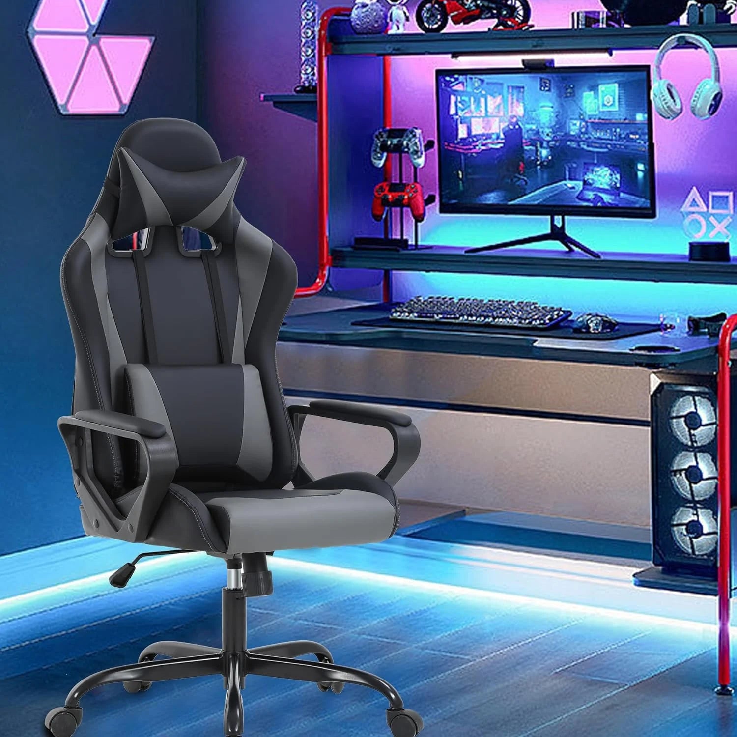 Racing Style Gaming Chair with Adjustable Pillows and Reclining Backrest for Unisex Gamers(Gray) - Fix & GoRacing Style Gaming Chair with Adjustable Pillows and Reclining Backrest for Unisex Gamers(Gray)Fix & Go