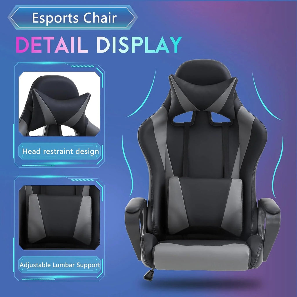 Racing Style Gaming Chair with Adjustable Pillows and Reclining Backrest for Unisex Gamers(Gray) - Fix & GoRacing Style Gaming Chair with Adjustable Pillows and Reclining Backrest for Unisex Gamers(Gray)Fix & Go