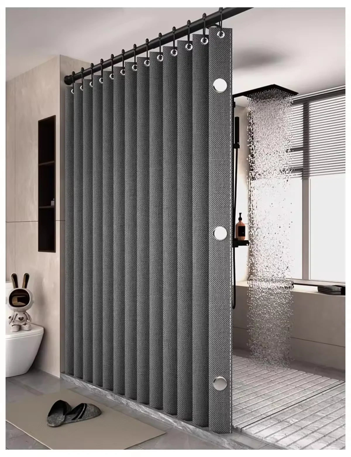 Rideau de bain magnétique pliable en lin, imperméable pour douche à marcher, tige réglable non incluse - FATAONRideau de bain magnétique pliable en lin, imperméable pour douche à marcher, tige réglable non incluseSolutions MaisonFATAON