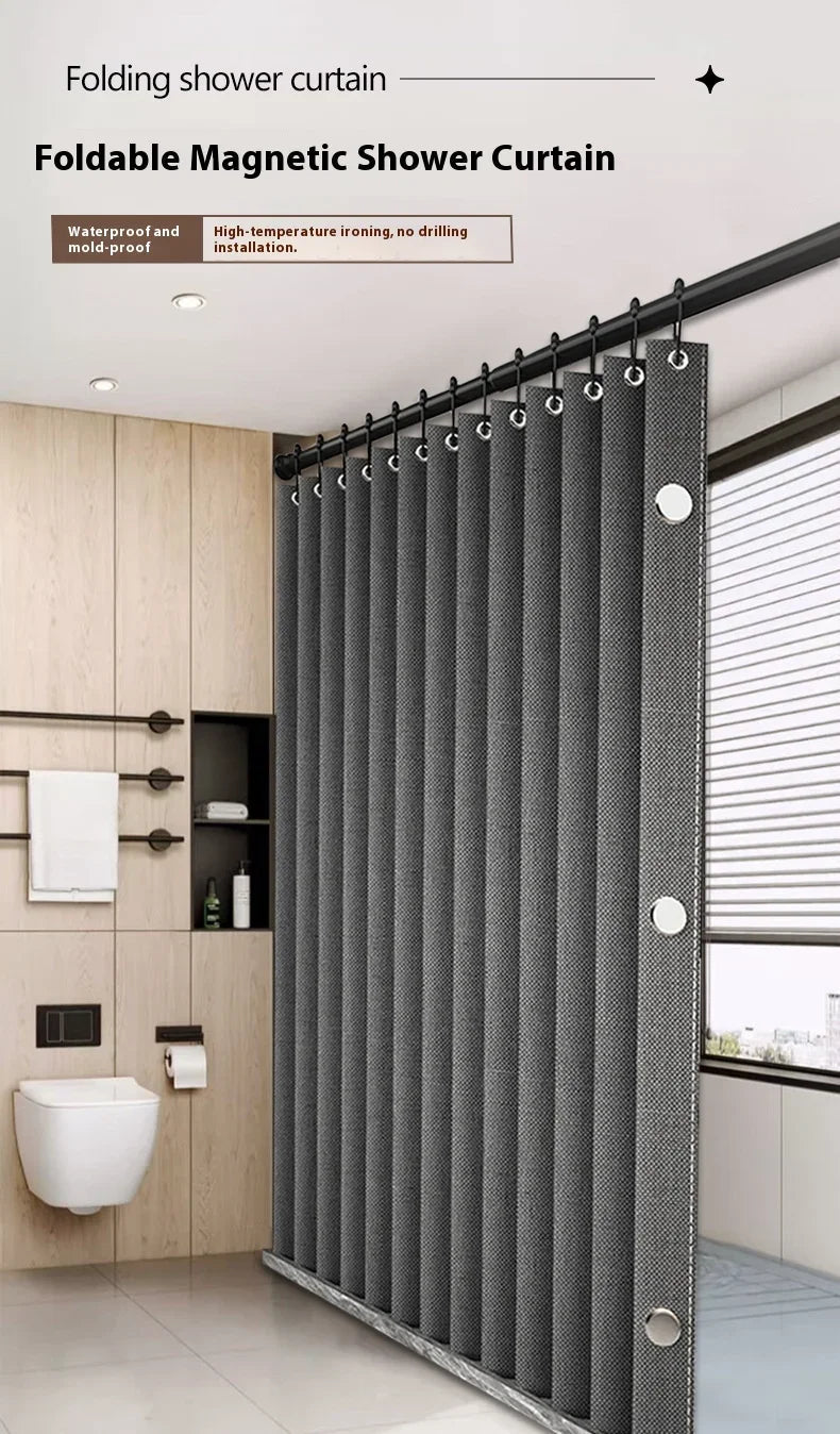 Rideau de bain magnétique pliable en lin, imperméable pour douche à marcher, tige réglable non incluse - FATAONRideau de bain magnétique pliable en lin, imperméable pour douche à marcher, tige réglable non incluseSolutions MaisonFATAON