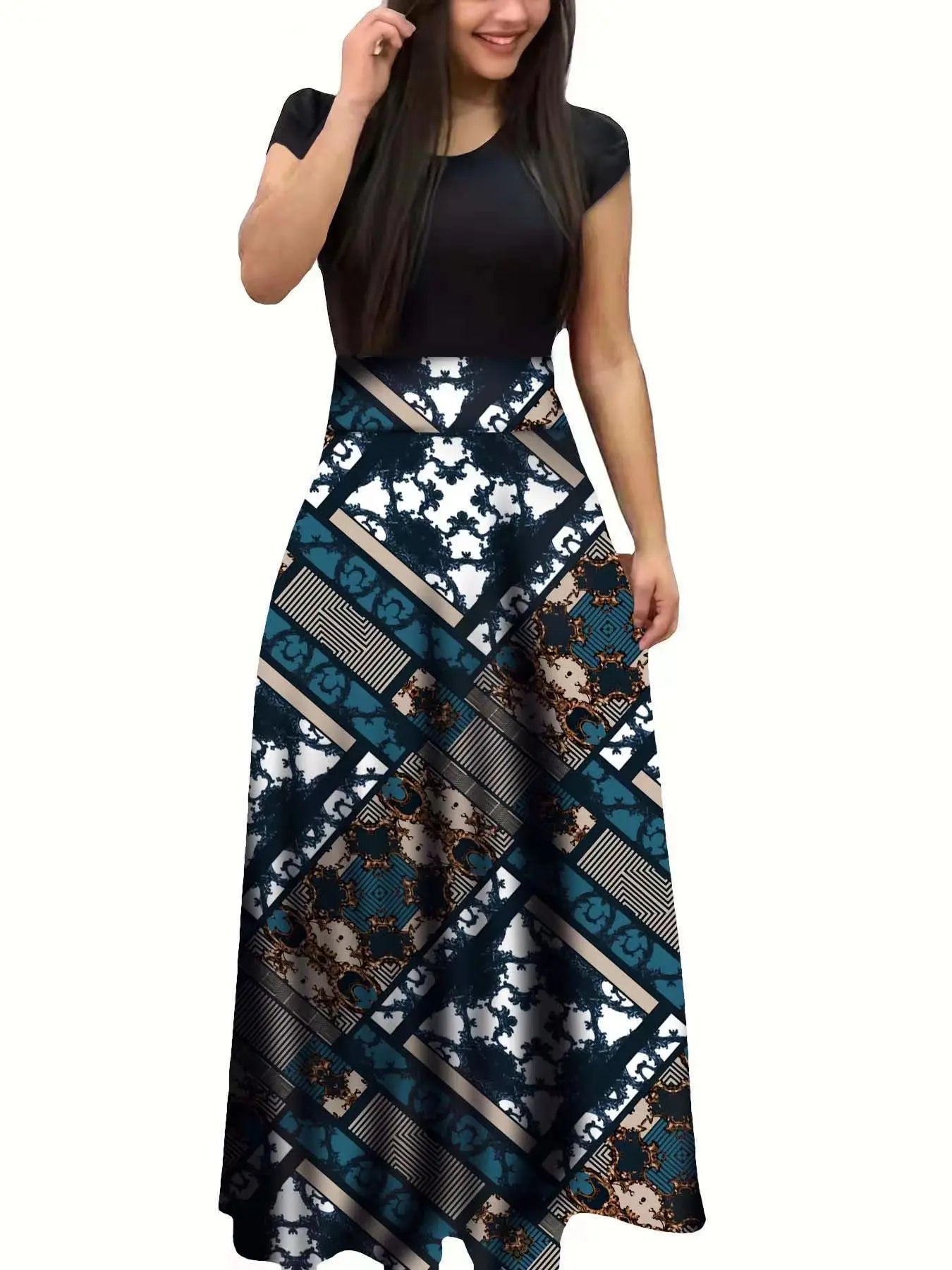 Robe à manches courtes pour femmes, style européen et américain, imprimé floral, couleur assortie, grande jupe trapèze, 2024 - FATAONRobe à manches courtes pour femmes, style européen et américain, imprimé floral, couleur assortie, grande jupe trapèze, 2024Mode FemmeFATAON