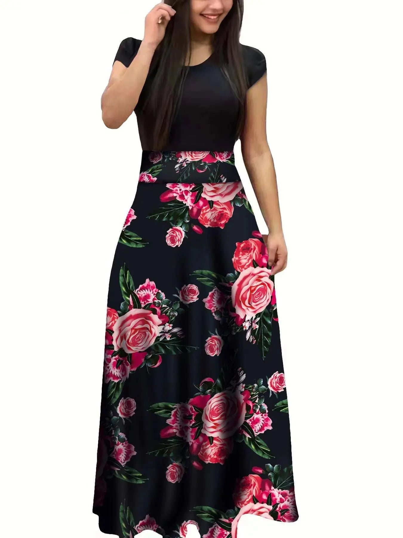 Robe à manches courtes pour femmes, style européen et américain, imprimé floral, couleur assortie, grande jupe trapèze, 2024 - FATAONRobe à manches courtes pour femmes, style européen et américain, imprimé floral, couleur assortie, grande jupe trapèze, 2024Mode FemmeFATAON